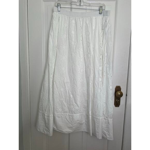 J.Crew Factory Women's L White Eyelet Skirt Midi Cotton Pockets Lined Floral - Picture 1 of 13
